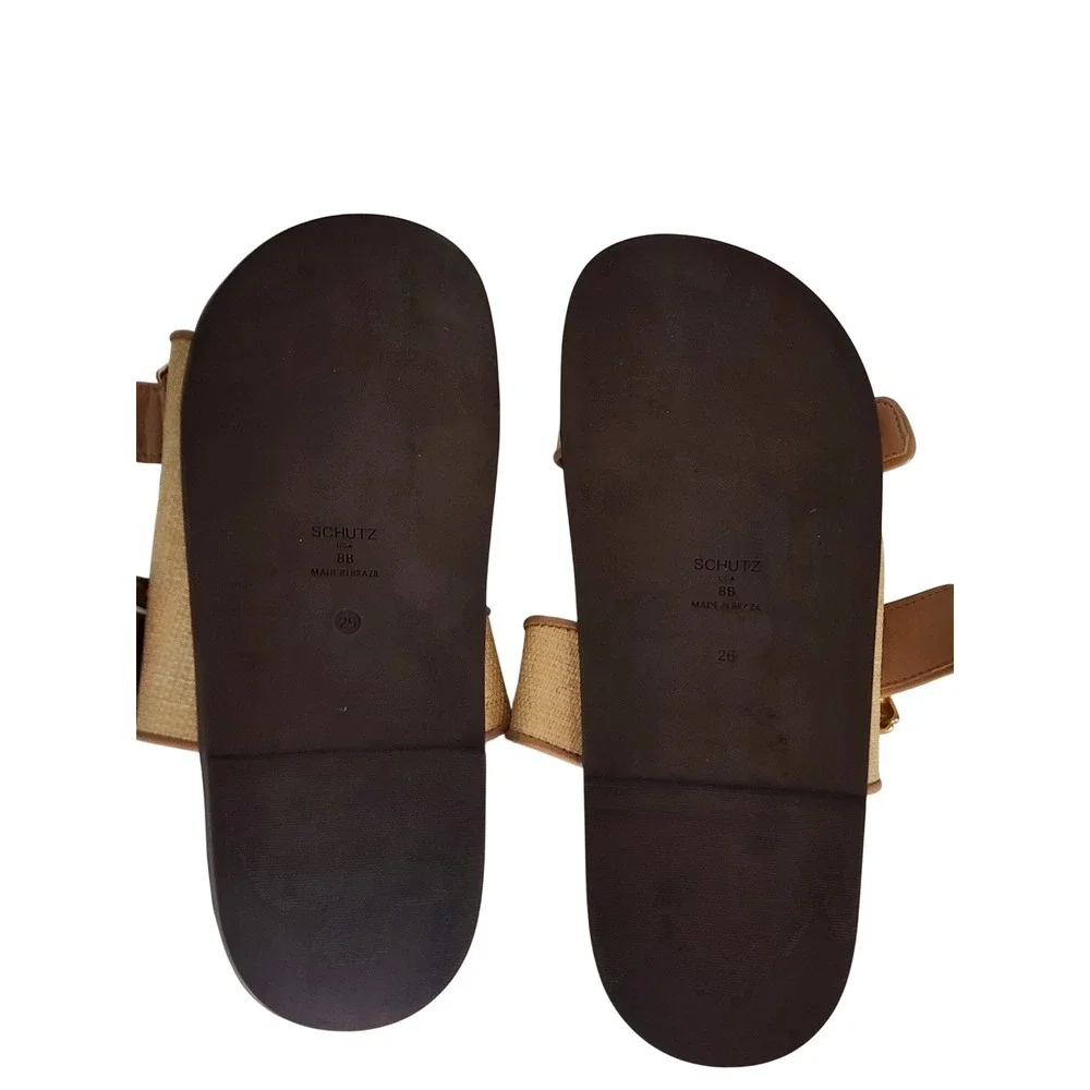 Schutz Enola Women 8 Raffia Double Strap Slide Sandals Gold Bamboo Buckle Tan